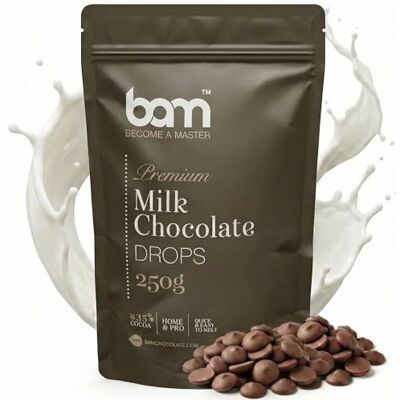BAM Pépites de Chocolat au Lait de Couverture 35% Cacao Chocolat Pâtissier pour Ganache, Fondue & Fontaine – 250g - Publicité BAM Pépites de Chocolat au Lait de Couverture 35% Cacao Chocolat Pâtissier pour Ganache, Fondue & Fontaine – 250g - Publicité