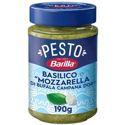 Barilla Pesto de basilic et « Buffalo Mozzarella Campana DOP », sans gluten, consistance veloutée et goût délicat, sauce prête pour pâtes, 190 g - Publicité Barilla Pesto de basilic et « Buffalo Mozzarella Campana DOP », sans gluten, consistance veloutée et goût délicat, sauce prête pour pâtes, 190 g - Publicité