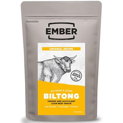 EMBER Biltong de Bœuf Original 250 g Viande Séchée Beef Jerky Riche en Protéines En-cas Faible en Gras, Sans Sucres Ajoutés, Keto, Sans Colorants ni Arômes Artificiels 1 Sac Refermable de 250 g - Publicité EMBER Biltong de Bœuf Original 250 g Viande Séchée Beef Jerky Riche en Protéines En-cas Faible en Gras, Sans Sucres Ajoutés, Keto, Sans Colorants ni Arômes Artificiels 1 Sac Refermable de 250 g - Publicité
