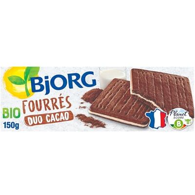 BJORG Biscuits Fourrés Duo Cacao Bio Au Blé Complet et Sucres Non-Raffinés Sans Huile de Palme Source de Fibres 150 g - Publicité BJORG Biscuits Fourrés Duo Cacao Bio Au Blé Complet et Sucres Non-Raffinés Sans Huile de Palme Source de Fibres 150 g - Publicité