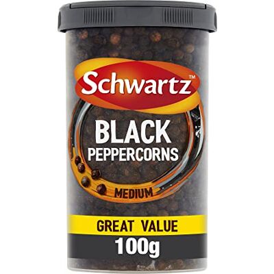 Schwartz Tambour de grains de poivre noirs entiers, 100 g - Publicité Schwartz Tambour de grains de poivre noirs entiers, 100 g - Publicité