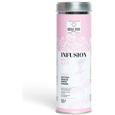 QUAI SUD INFUSION DIET & CO AROMATISÉE MATÉ VERT HIBISCUS MENTHE GUARANA Boîte Ronde 85 g - Publicité QUAI SUD INFUSION DIET & CO AROMATISÉE MATÉ VERT HIBISCUS MENTHE GUARANA Boîte Ronde 85 g - Publicité