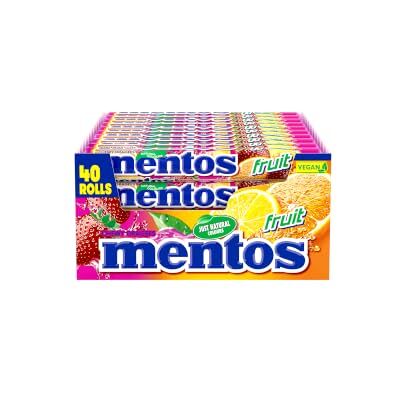MENTOS Boîte de 40 Rouleaux Fruits Bonbons , Tendres et Croquants 3 Fruits Assortis Fraise, Orange, Citron Format Idéal pour Anniversaires 40 Rouleaux à Partager - Publicité MENTOS Boîte de 40 Rouleaux Fruits Bonbons , Tendres et Croquants 3 Fruits Assortis Fraise, Orange, Citron Format Idéal pour Anniversaires 40 Rouleaux à Partager - Publicité