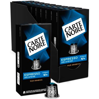 Carte Noire Café Capsules Espresso Décaféiné N°6 Compatible Nespresso® 100% Arabica Rond & Equilibré Notes de Chocolat & Fruits secs Fabriqué en France 10 x 10 Capsules Aluminium - Publicité Carte Noire Café Capsules Espresso Décaféiné N°6 Compatible Nespresso® 100% Arabica Rond & Equilibré Notes de Chocolat & Fruits secs Fabriqué en France 10 x 10 Capsules Aluminium - Publicité