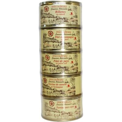 MICOULEAU Lot de Terrines 5x200g coffret cadeau panier gourmand produits français paté de campagne conserve panier garnis produits rillettes pays cèpes canard armagnac - Publicité MICOULEAU Lot de Terrines 5x200g coffret cadeau panier gourmand produits français paté de campagne conserve panier garnis produits rillettes pays cèpes canard armagnac - Publicité