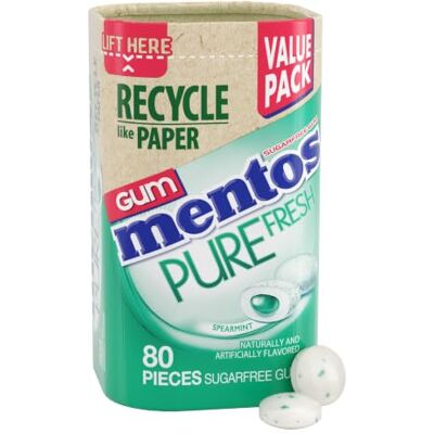 MENTOS Gomme à mâcher pure fraîche sans sucre avec xylitol, menthe verte, dans un flacon en carton recyclable à 90 %, 80 pièces - Publicité MENTOS Gomme à mâcher pure fraîche sans sucre avec xylitol, menthe verte, dans un flacon en carton recyclable à 90 %, 80 pièces - Publicité