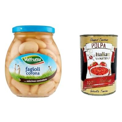Italian Gourmet E.R. Valfrutta Fagioli Corona, haricots italiens, légumineuses, haricots cuits, verre 360 g + Italian Gourmet Polpa di Pomodoro boîte de 400 g - Publicité Italian Gourmet E.R. Valfrutta Fagioli Corona, haricots italiens, légumineuses, haricots cuits, verre 360 g + Italian Gourmet Polpa di Pomodoro boîte de 400 g - Publicité