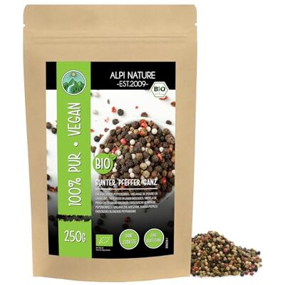 Alpi Nature Poivre Baies en Grain BIO Mélange 250g, Grains de Poivre Entiers Noir, Blanc, Rose et Vert - Publicité Alpi Nature Poivre Baies en Grain BIO Mélange 250g, Grains de Poivre Entiers Noir, Blanc, Rose et Vert - Publicité