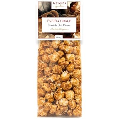 Everly Grace Popcorn – Chocolate Chai Charme, 100 g – Sachets de popcorn au chocolat et aux épices chai de notre manufacture à Augsbourg, Allemagne - Publicité Everly Grace Popcorn – Chocolate Chai Charme, 100 g – Sachets de popcorn au chocolat et aux épices chai de notre manufacture à Augsbourg, Allemagne - Publicité