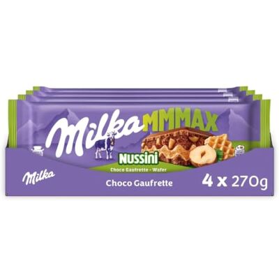 Milka MMMAX Nussini Chocolat au Lait et Gaufrette Noisette 4x270g 4 Tablettes de 270g Chocolat au lait avec crème noisette et gaufrette croustillante Idéal à partager - Publicité Milka MMMAX Nussini Chocolat au Lait et Gaufrette Noisette 4x270g 4 Tablettes de 270g Chocolat au lait avec crème noisette et gaufrette croustillante Idéal à partager - Publicité