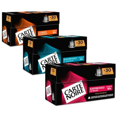 Carte Noire Assortiment Café Capsules Compatible Nespresso® N°6 Lungo / N°7 Classique / N°9 Intense Intensité 6-7-9/13 Cafés 100% Arabica 3 x 10 Capsules Aluminium - Publicité Carte Noire Assortiment Café Capsules Compatible Nespresso® N°6 Lungo / N°7 Classique / N°9 Intense Intensité 6-7-9/13 Cafés 100% Arabica 3 x 10 Capsules Aluminium - Publicité