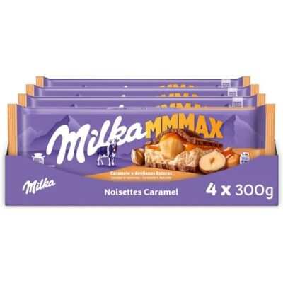 Milka MMMAX Chocolat au Lait Caramel et Noisettes 4x300g 4 Tablettes de 300g Chocolat au lait avec crème, caramel fondant et noisettes croquantes Idéal à partager - Publicité Milka MMMAX Chocolat au Lait Caramel et Noisettes 4x300g 4 Tablettes de 300g Chocolat au lait avec crème, caramel fondant et noisettes croquantes Idéal à partager - Publicité
