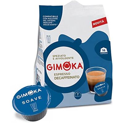 Gimoka Mélange Espresso Soave Décaféiné intensité 7/13-64 Capsules Compatibles avec les machines à café de la marque Nescafé* Dolce Gusto* Produit en Italie (lot de 4 x 16) - Publicité Gimoka Mélange Espresso Soave Décaféiné intensité 7/13-64 Capsules Compatibles avec les machines à café de la marque Nescafé* Dolce Gusto* Produit en Italie (lot de 4 x 16) - Publicité