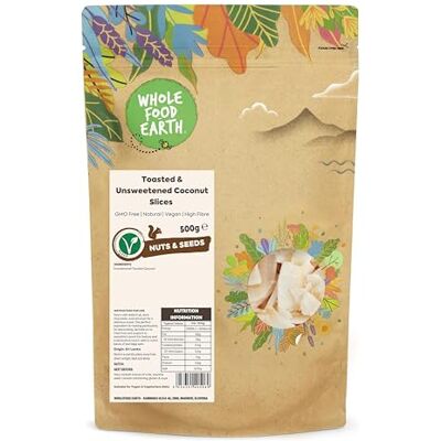 Wholefood Earth Tranches de noix de coco grillées et non sucrées, sans OGM, végétaliennes, sans produits laitiers, sans sucre ajouté, 500 g - Publicité Wholefood Earth Tranches de noix de coco grillées et non sucrées, sans OGM, végétaliennes, sans produits laitiers, sans sucre ajouté, 500 g - Publicité