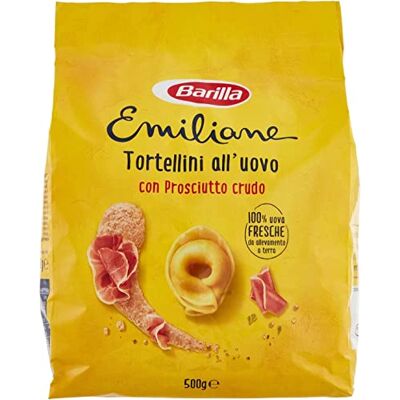 Barilla Emiliane Pasta all'Uovo Ripiena Tortellini con Prosciutto Crudo Paquet de 500 g de nouilles aux œufs farcies avec jambon cru - Publicité Barilla Emiliane Pasta all'Uovo Ripiena Tortellini con Prosciutto Crudo Paquet de 500 g de nouilles aux œufs farcies avec jambon cru - Publicité