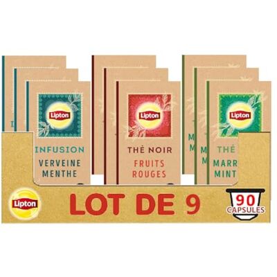 Lipton Assortiment de 3 Thés en Capsules Compatibles Nespresso : Thé Vert Marrakech Mint, Infusion Verveine Menthe, thé Noir Fruits Rouges, Compatibles Machines Nespresso, x90 capsules - Publicité Lipton Assortiment de 3 Thés en Capsules Compatibles Nespresso : Thé Vert Marrakech Mint, Infusion Verveine Menthe, thé Noir Fruits Rouges, Compatibles Machines Nespresso, x90 capsules - Publicité