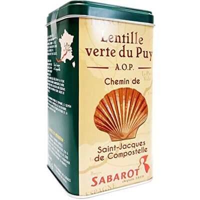 Sabarot Lentille verte du Puy Boîte métal collection 500g "Coquille Saint Jacques - Publicité Sabarot Lentille verte du Puy Boîte métal collection 500g "Coquille Saint Jacques - Publicité