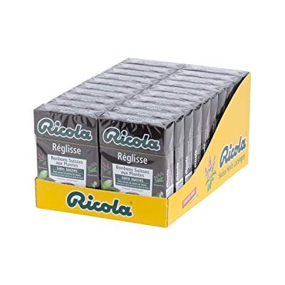 Ricola Bonbons aux Plantes Suisses Parfum Réglisse Gourmand et Rafraîchissant Sans Sucres Lot de 20 boîtes de 50g - Publicité Ricola Bonbons aux Plantes Suisses Parfum Réglisse Gourmand et Rafraîchissant Sans Sucres Lot de 20 boîtes de 50g - Publicité