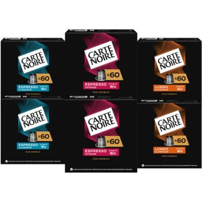 Lavazza CARTE NOIRE Assortiment Capsules Café Compatibles Nespresso® N°6 Lungo, N°7 Classique, N°9 Intense Café Arabica Lot de 6 x 60 Capsules Aluminium Fabriqué en France - Publicité Lavazza CARTE NOIRE Assortiment Capsules Café Compatibles Nespresso® N°6 Lungo, N°7 Classique, N°9 Intense Café Arabica Lot de 6 x 60 Capsules Aluminium Fabriqué en France - Publicité