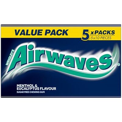 AirWaves Menthol & Eucalyptus Lot de 5 paquets de 10 gommes à mâcher sans sucre - Publicité AirWaves Menthol & Eucalyptus Lot de 5 paquets de 10 gommes à mâcher sans sucre - Publicité