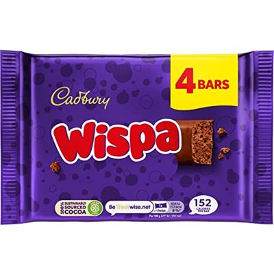 Cadbury Wispa Barre de chocolat, chocolat au lait aéré lisse et crémeux, 4 x 28 g (lot de 1) - Publicité Cadbury Wispa Barre de chocolat, chocolat au lait aéré lisse et crémeux, 4 x 28 g (lot de 1) - Publicité