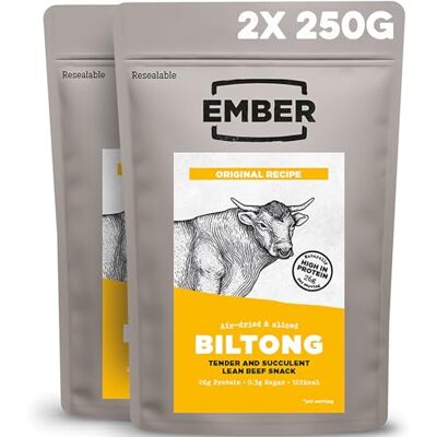 EMBER Biltong de Bœuf Original 500 g Viande Séchée Beef Jerky Riche en Protéines Faible en Gras, Sans Sucres Ajoutés, Keto, Sans Colorants ni Arômes Artificiels 2 Sacs Refermables de 250 g - Publicité EMBER Biltong de Bœuf Original 500 g Viande Séchée Beef Jerky Riche en Protéines Faible en Gras, Sans Sucres Ajoutés, Keto, Sans Colorants ni Arômes Artificiels 2 Sacs Refermables de 250 g - Publicité