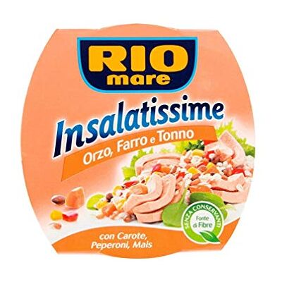 Rio Insalatissime Orzo Farro e Tonno Lot de 3 plats prêts à l'emploi avec orge, épeautre et thon 160 g avec carottes, poivrons et maïs - Publicité Rio Insalatissime Orzo Farro e Tonno Lot de 3 plats prêts à l'emploi avec orge, épeautre et thon 160 g avec carottes, poivrons et maïs - Publicité