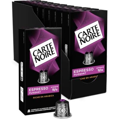 Carte Noire Café Capsules Espresso Puissant N°11 Compatible Nespresso® Arabica & Robusta Dense & Profond Notes Épicées Fabriqué en France 10 x 10 Capsules Aluminium - Publicité Carte Noire Café Capsules Espresso Puissant N°11 Compatible Nespresso® Arabica & Robusta Dense & Profond Notes Épicées Fabriqué en France 10 x 10 Capsules Aluminium - Publicité