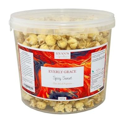 Everly Grace Popcorn – Spicy Sunset, 250 g – Seau de popcorn aux épices BBQ et à la touche de piment de notre manufacture à Augsbourg, Allemagne - Publicité Everly Grace Popcorn – Spicy Sunset, 250 g – Seau de popcorn aux épices BBQ et à la touche de piment de notre manufacture à Augsbourg, Allemagne - Publicité