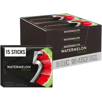 5 GUM Chewing Gum Sans Sucre Wrigley 5 – 10 Paquets de Quinze Pièces (Total 150 Pièces) – Pastèque (Prism) - Publicité 5 GUM Chewing Gum Sans Sucre Wrigley 5 – 10 Paquets de Quinze Pièces (Total 150 Pièces) – Pastèque (Prism) - Publicité