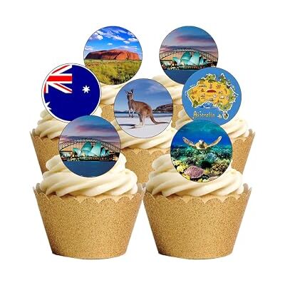 Top That Lot de 24 décorations en papier gaufrette comestible prédécoupées sur le thème de l'Australie pour gâteaux - Publicité Top That Lot de 24 décorations en papier gaufrette comestible prédécoupées sur le thème de l'Australie pour gâteaux - Publicité