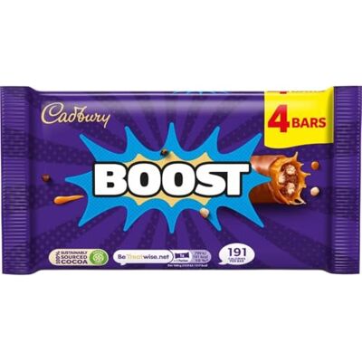 Cadbury Boost Original Lot de 4 barres de chocolat garnies de biscuits et de cacao avec du caramel à mâcher et du chocolat au lait 37 g - Publicité Cadbury Boost Original Lot de 4 barres de chocolat garnies de biscuits et de cacao avec du caramel à mâcher et du chocolat au lait 37 g - Publicité