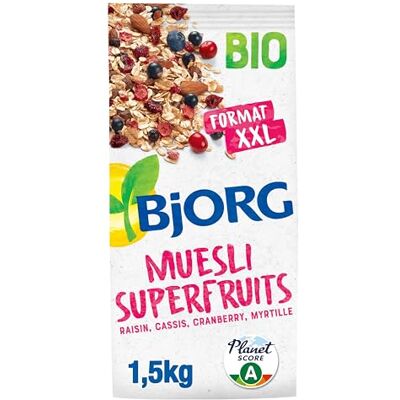BJORG Muesli Superfruits Bio Raisin, Cassis, Cranberry, Myrtille Aux Céréales Complètes Sans Sucres Ajoutés Format XXL Sachet de 1,5 kg - Publicité BJORG Muesli Superfruits Bio Raisin, Cassis, Cranberry, Myrtille Aux Céréales Complètes Sans Sucres Ajoutés Format XXL Sachet de 1,5 kg - Publicité