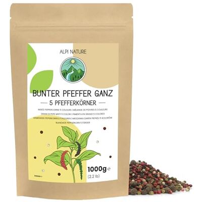 Alpi Nature Poivre 5 baies en grain 1kg, Mélange d'Épices de 5 Couleurs, Poivre Noir, Blanc, Vert, Rose et Piment de la Jamaïque - Publicité Alpi Nature Poivre 5 baies en grain 1kg, Mélange d'Épices de 5 Couleurs, Poivre Noir, Blanc, Vert, Rose et Piment de la Jamaïque - Publicité