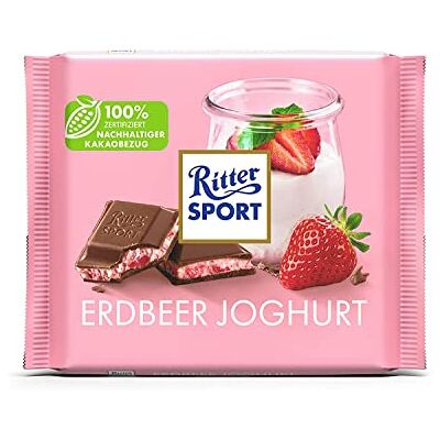 Ritter Sport Nouveau design : Yaourt à la fraise Chevalier SPORT 100 g, chocolat au lait entier rempli de crème de yogourt à la fraise, fruité et estival, chocolat fin pour tous les jours - Publicité Ritter Sport Nouveau design : Yaourt à la fraise Chevalier SPORT 100 g, chocolat au lait entier rempli de crème de yogourt à la fraise, fruité et estival, chocolat fin pour tous les jours - Publicité