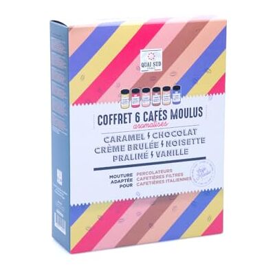QUAI SUD Coffret Découverte Cafés Moulus Aromatisés 6 x 75g Caramel Chocolat Crème Brûlée Noisette Praliné Vanille - Publicité QUAI SUD Coffret Découverte Cafés Moulus Aromatisés 6 x 75g Caramel Chocolat Crème Brûlée Noisette Praliné Vanille - Publicité