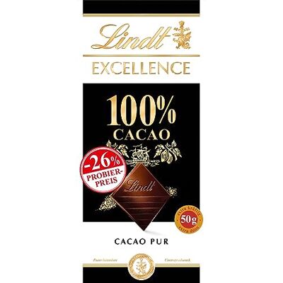 Lindt Chocolat EXCELLENCE 100% Cacao Promotion Tableau de 50 g Saveur de cacao intense pur Chocolat végétalien Plaque de chocolat Cadeau de chocolat - Publicité Lindt Chocolat EXCELLENCE 100% Cacao Promotion Tableau de 50 g Saveur de cacao intense pur Chocolat végétalien Plaque de chocolat Cadeau de chocolat - Publicité
