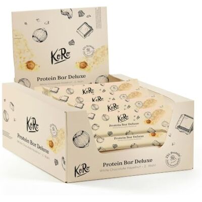 KoRo Barre protéinée Deluxe noisettes chocolat blanc 12 x 55 g – Riche en protéines (23 g/100 g) – Insert à la nosiette et enrobage au chocolat blanc – Sans sucre ajouté, contient des édulcorants* - Publicité KoRo Barre protéinée Deluxe noisettes chocolat blanc 12 x 55 g – Riche en protéines (23 g/100 g) – Insert à la nosiette et enrobage au chocolat blanc – Sans sucre ajouté, contient des édulcorants* - Publicité