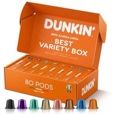 Dunkin' Donuts Capsules de Café Premium Dunkin’ Donuts – 80 Capsules, Coffret Variété avec 8 Saveurs à Découvrir, 100% Arabica, Compatibles avec les Machines Nespresso, Riche & Aromatique, Idée Cadeau - Publicité Dunkin' Donuts Capsules de Café Premium Dunkin’ Donuts – 80 Capsules, Coffret Variété avec 8 Saveurs à Découvrir, 100% Arabica, Compatibles avec les Machines Nespresso, Riche & Aromatique, Idée Cadeau - Publicité