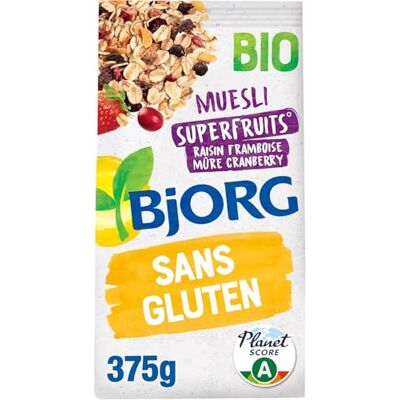 BJORG Muesli Superfruits Raisin, Framboise, Mûre, Cranberry Bio & Sans Gluten Aux Céréales Complètes Riche en Fibres Réduit en Sucres 6 Sachets de 375 g - Publicité BJORG Muesli Superfruits Raisin, Framboise, Mûre, Cranberry Bio & Sans Gluten Aux Céréales Complètes Riche en Fibres Réduit en Sucres 6 Sachets de 375 g - Publicité