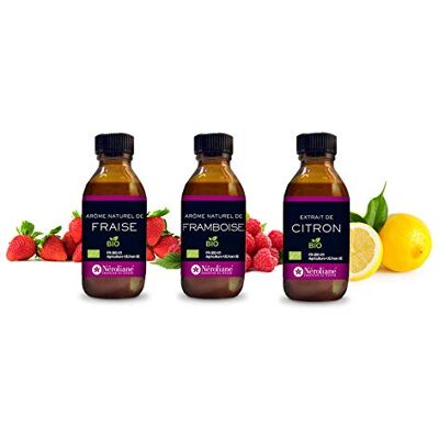 Néroliane Pack de 3 arômes bio Citron, Fraise, Framboise (3 X 50 ml) - Publicité Néroliane Pack de 3 arômes bio Citron, Fraise, Framboise (3 X 50 ml) - Publicité
