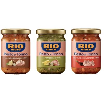 Rio Pesto al Tonno Pesto de thon avec amandes et pecorino – avec pistaches et citron – avec olives noires et piment (3 x 130 g) - Publicité Rio Pesto al Tonno Pesto de thon avec amandes et pecorino – avec pistaches et citron – avec olives noires et piment (3 x 130 g) - Publicité
