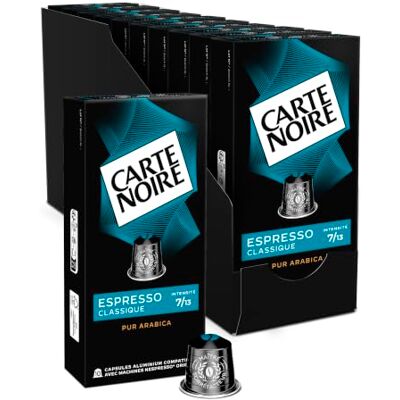 Carte Noire Café Capsules Espresso Classique N°7 Compatible Nespresso® 100% Arabica Rond & Equilibré Notes de Chocolat & Agrumes Fabriqué en France 10 x 10 Capsules Aluminium - Publicité Carte Noire Café Capsules Espresso Classique N°7 Compatible Nespresso® 100% Arabica Rond & Equilibré Notes de Chocolat & Agrumes Fabriqué en France 10 x 10 Capsules Aluminium - Publicité