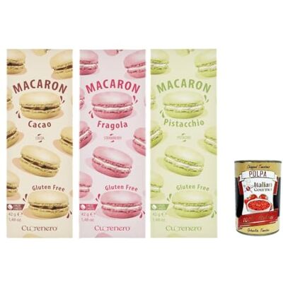 Italian Gourmet E.R. Italian Gourmet Macarons Sans Gluten Assortis 3 x 42 g, Cacao Fraise Pistache, 3 Étuis de 3 Pièces, Biscuits Fourrés Sans Gluten, Assortiment Gourmand de Macarons + Italian Gourmet Polpa - Publicité Italian Gourmet E.R. Italian Gourmet Macarons Sans Gluten Assortis 3 x 42 g, Cacao Fraise Pistache, 3 Étuis de 3 Pièces, Biscuits Fourrés Sans Gluten, Assortiment Gourmand de Macarons + Italian Gourmet Polpa - Publicité