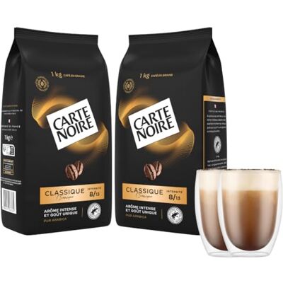 Lavazza Carte Noire Lot de 2Kg de grains classique + 2 tasses Bodum pavina de 35cl - Publicité Lavazza Carte Noire Lot de 2Kg de grains classique + 2 tasses Bodum pavina de 35cl - Publicité