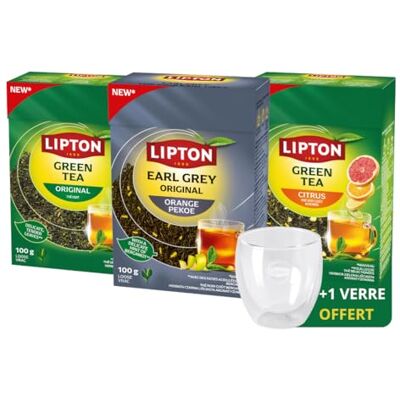 Lipton Thé en Vrac 3×100 g -Thé Vert aux Agrumes, Thé Vert Nature & Thé Noir Earl Grey Orange Pékoé Feuilles Longues, 100% Naturel & 1 Verre Offert - Publicité Lipton Thé en Vrac 3×100 g -Thé Vert aux Agrumes, Thé Vert Nature & Thé Noir Earl Grey Orange Pékoé Feuilles Longues, 100% Naturel & 1 Verre Offert - Publicité