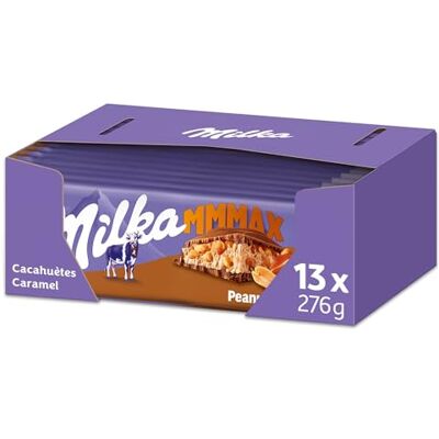 Milka MMMAX Chocolat au Lait Cacahuètes et Caramel 13x276g 13 Tablettes de 276g Chocolat au lait avec crème caramel fondante et cacahuètes croquantes Idéal à partager - Publicité Milka MMMAX Chocolat au Lait Cacahuètes et Caramel 13x276g 13 Tablettes de 276g Chocolat au lait avec crème caramel fondante et cacahuètes croquantes Idéal à partager - Publicité