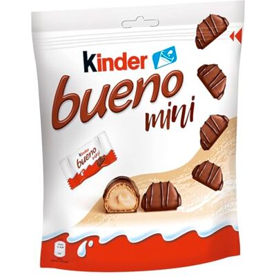 Kinder Pack 2 bueno Mini 108g Mini-gaufres emballées individuellement (environ 17 pièces) avec garniture de crème de noisette au lait fine et enrobage de chocolat au lait. Sans couleurs artificielles. Publicité Kinder Pack 2 bueno Mini 108g Mini-gaufres emballées individuellement (environ 17 pièces) avec garniture de crème de noisette au lait fine et enrobage de chocolat au lait. Sans couleurs artificielles. Publicité