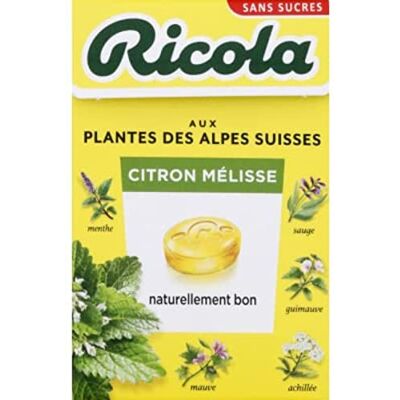Ricola Bonbons Suisse aux plantes, citron mélisse, sans sucres, avec édulcorants La boîte de 50g - Publicité Ricola Bonbons Suisse aux plantes, citron mélisse, sans sucres, avec édulcorants La boîte de 50g - Publicité
