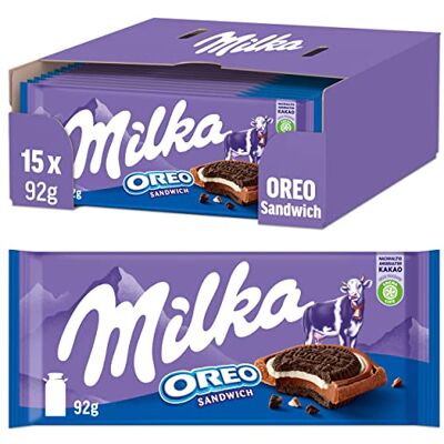 Milka OREO Sandwich chocolat de table 15 x 92 g, chocolat délicat au lait des Alpes avec 10 mini biscuits originaux OREO - Publicité Milka OREO Sandwich chocolat de table 15 x 92 g, chocolat délicat au lait des Alpes avec 10 mini biscuits originaux OREO - Publicité